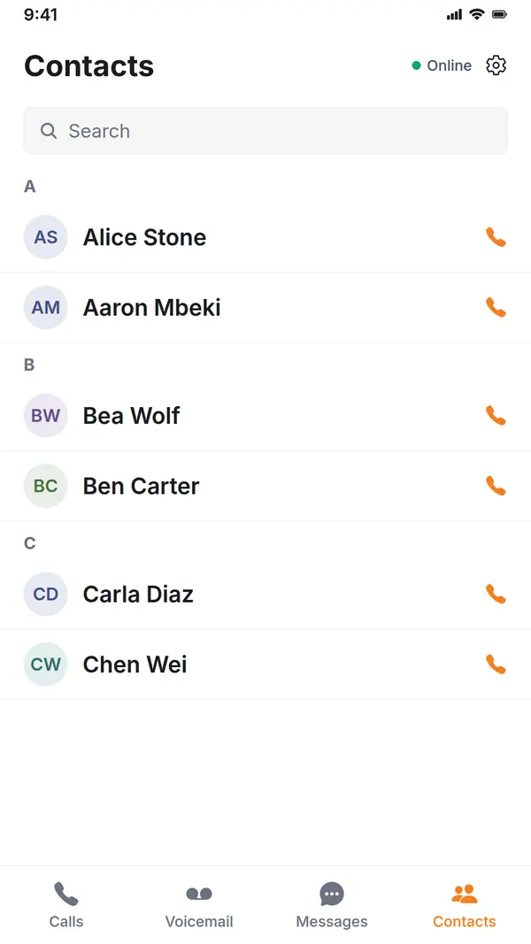 Contacts list in the UnlimCall app